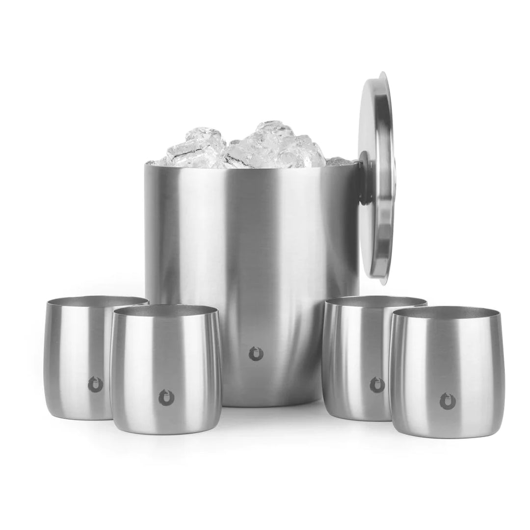 SNOWFOX Stainless Steel Ice Bucket with Rocks Glass Set